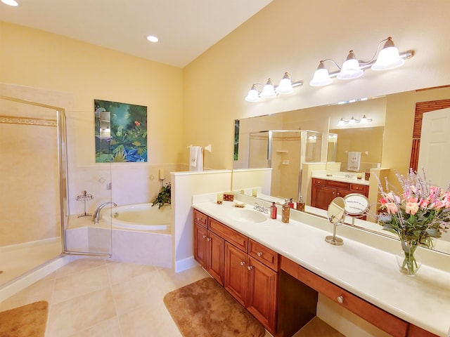 bathroom featuring separate shower and tub, tile patterned flooring, and vanity