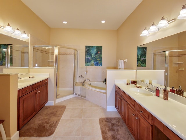 bathroom featuring vanity, tile patterned floors, and independent shower and bath