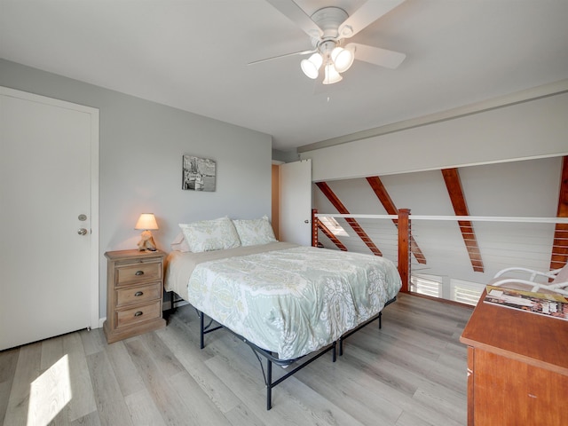 bedroom featuring ceiling fan and light wood-type flooring