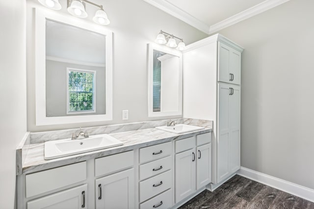 4954 A1A, Saint Augustine, FL 32080 - full bath featuring ornamental molding, double vanity, wood finished floors, and baseboards