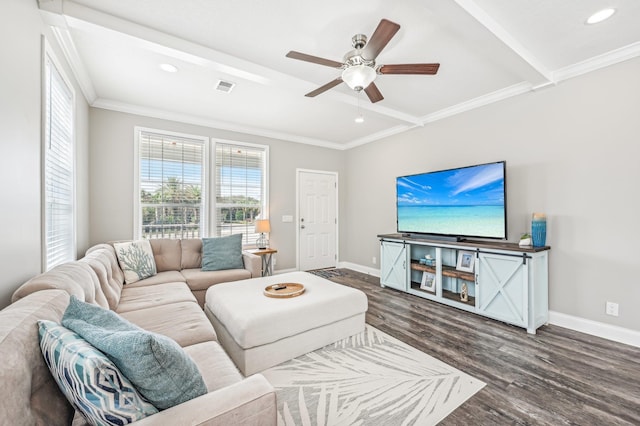 4954 A1A, Saint Augustine, FL 32080 - living area featuring dark wood-type flooring, ceiling fan, baseboards, recessed lighting, and beam ceiling
