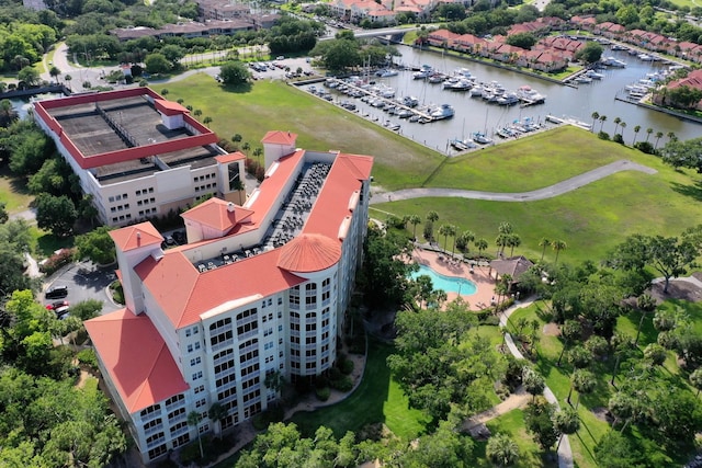 drone / aerial view with a water view