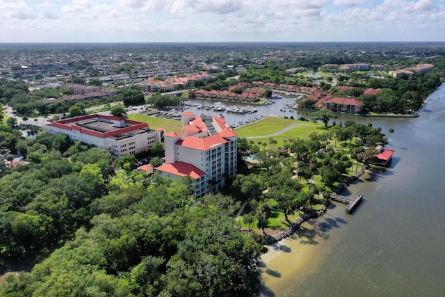 bird's eye view with a water view