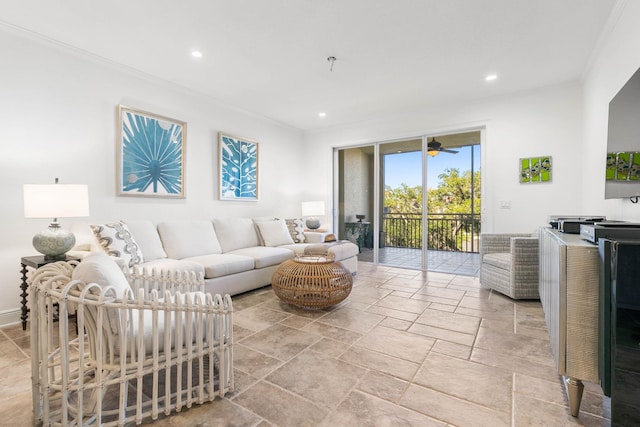 living room with stone tile floors, recessed lighting, a ceiling fan, and crown molding