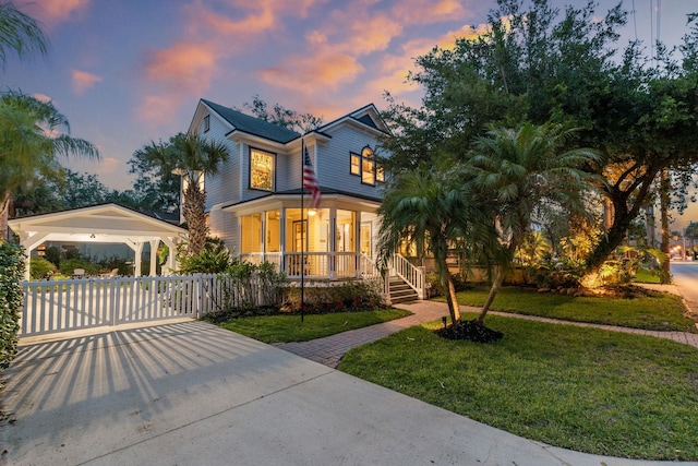 view of front of house featuring covered porch and a lawn