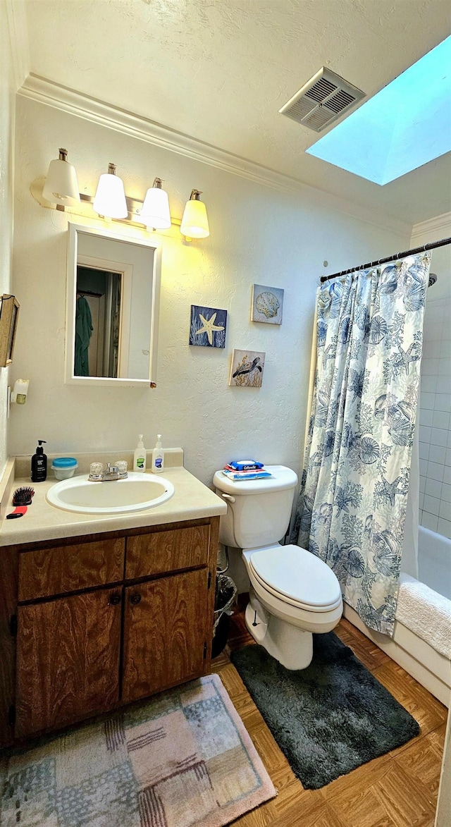 full bathroom with vanity, shower / tub combo, ornamental molding, and toilet