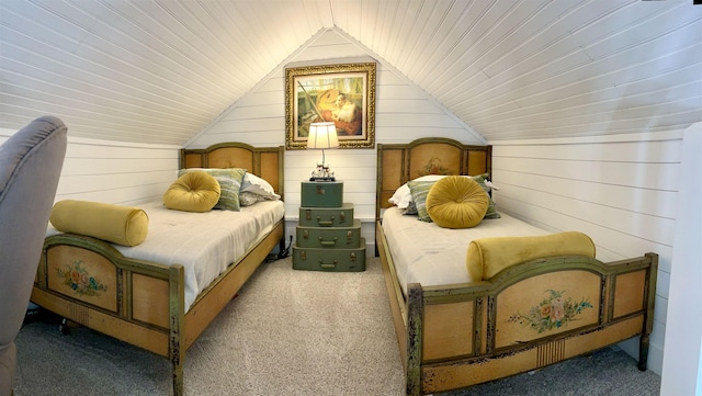 carpeted bedroom featuring wooden walls, wooden ceiling, and lofted ceiling