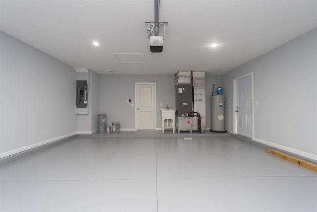 garage featuring electric panel, a garage door opener, heating unit, and water heater