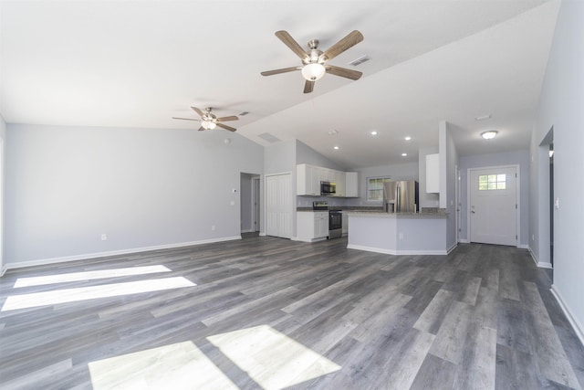 unfurnished living room with dark hardwood / wood-style floors, ceiling fan, and lofted ceiling