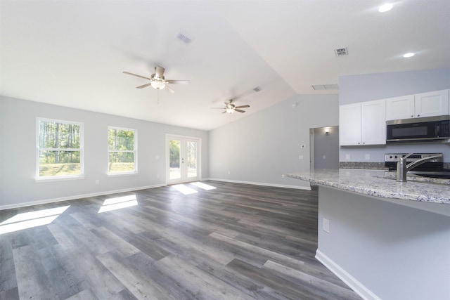 kitchen featuring white cabinets, light stone countertops, dark wood-type flooring, and vaulted ceiling