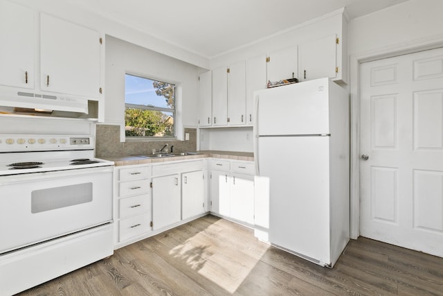 kitchen with ventilation hood, white cabinetry, white appliances, and sink