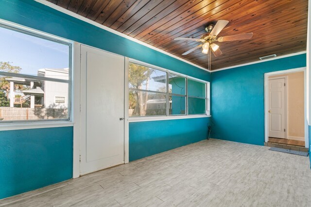 unfurnished room featuring light wood-type flooring, plenty of natural light, ceiling fan, and wooden ceiling