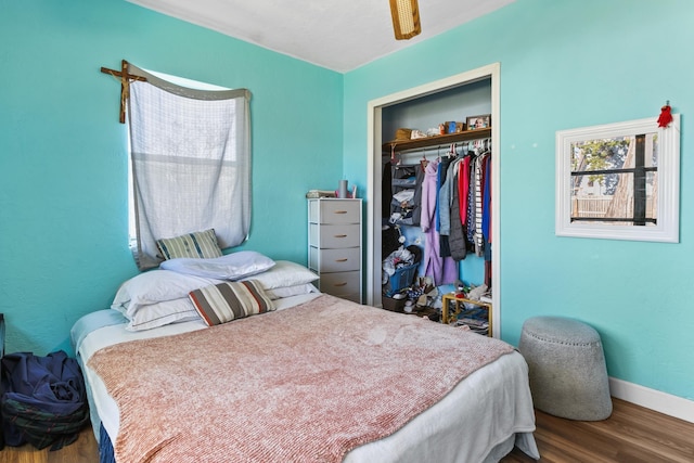 bedroom with ceiling fan, a closet, and wood-type flooring