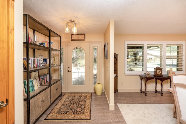 foyer with a textured ceiling, wood finished floors, and baseboards