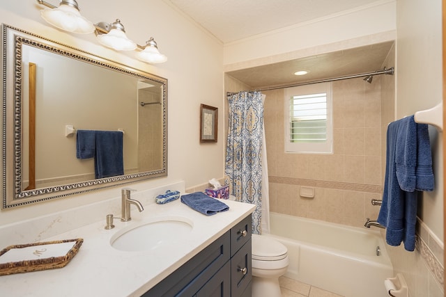 full bathroom featuring toilet, tile patterned floors, shower / bath combo with shower curtain, a textured ceiling, and vanity