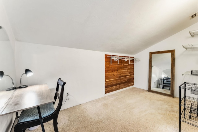 4502 Sandcastle Cir, Saint Augustine, FL 32084 - office space featuring vaulted ceiling, carpet flooring, and wooden walls
