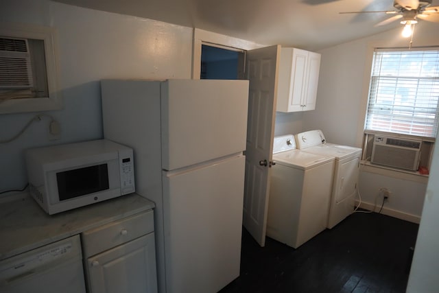 laundry area featuring a wall mounted air conditioner, dark hardwood / wood-style flooring, cooling unit, ceiling fan, and washing machine and dryer