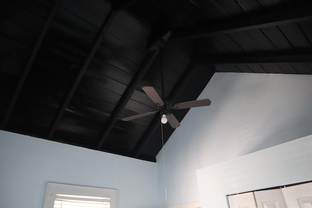 interior details with beamed ceiling, ceiling fan, and wooden ceiling