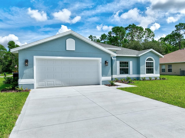 ranch-style house with a front yard, central air condition unit, and a garage