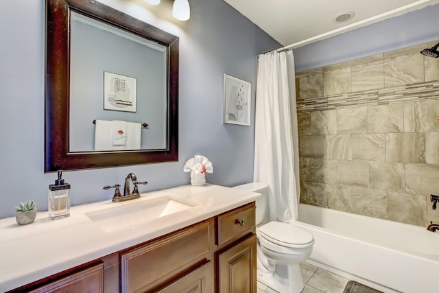 full bathroom featuring tile patterned flooring, vanity, toilet, and shower / bathtub combination with curtain