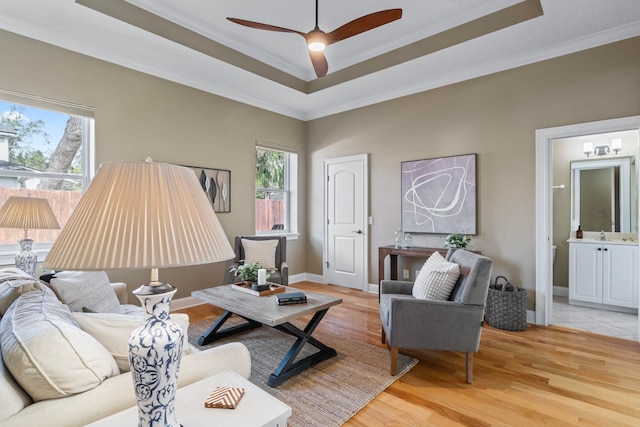 living room with light hardwood / wood-style flooring, ornamental molding, and a raised ceiling