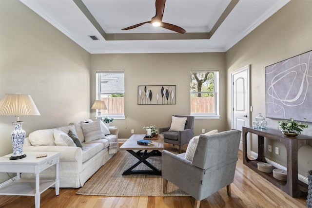 living room featuring a healthy amount of sunlight, a raised ceiling, and light hardwood / wood-style flooring