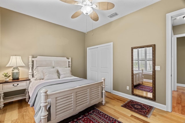 bedroom featuring ceiling fan and light wood-type flooring