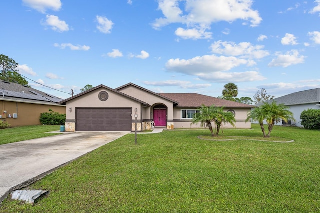 ranch-style house with a garage and a front yard