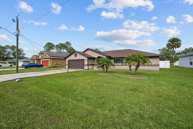 single story home with a garage and a front lawn