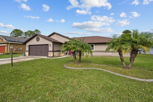 ranch-style home featuring a garage and a front yard