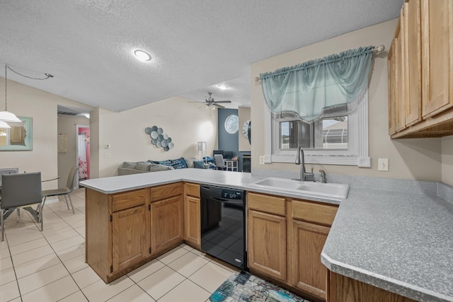 kitchen featuring ceiling fan, dishwasher, sink, kitchen peninsula, and a textured ceiling