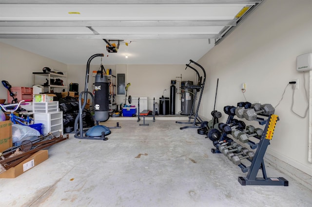 garage with water heater, a garage door opener, and electric panel