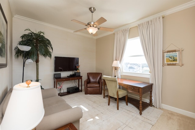 office area featuring light carpet, ornamental molding, and ceiling fan