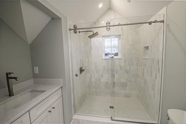 bathroom with toilet, vanity, vaulted ceiling, and a shower with shower door