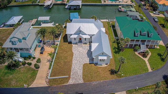 drone / aerial view featuring a water view