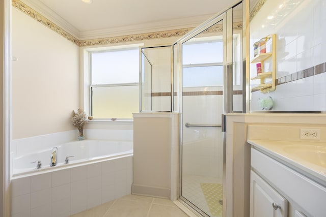 bathroom featuring tile patterned floors, crown molding, vanity, and independent shower and bath