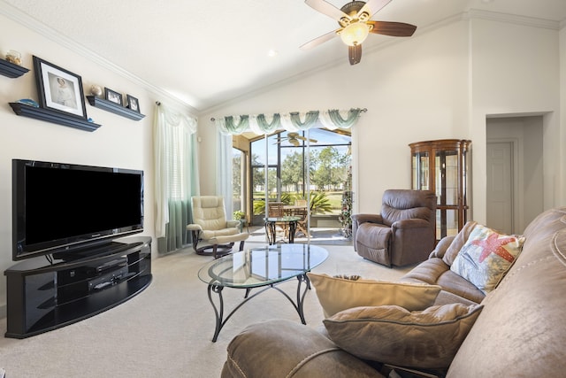 carpeted living room featuring crown molding, ceiling fan, and lofted ceiling