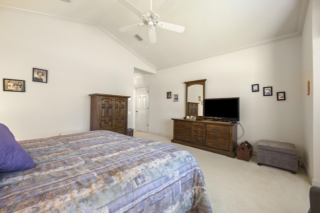 carpeted bedroom with crown molding, ceiling fan, and lofted ceiling