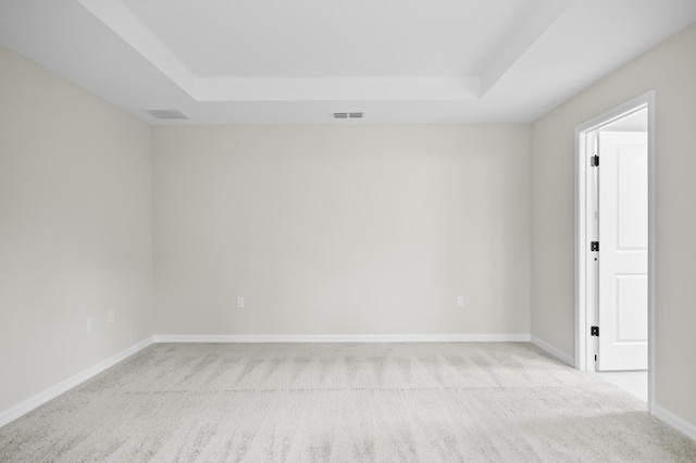 empty room featuring a raised ceiling and light carpet