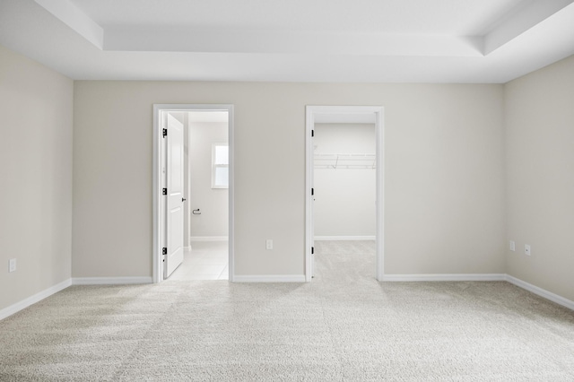 empty room with light colored carpet and a raised ceiling