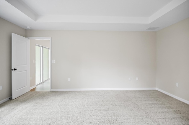 spare room with light carpet and a tray ceiling