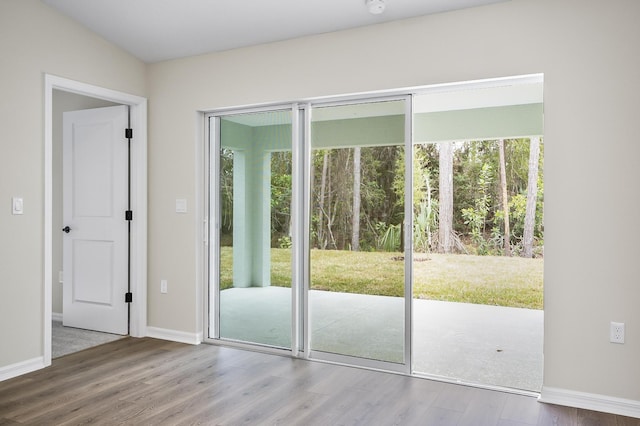 doorway to outside with a wealth of natural light and wood-type flooring