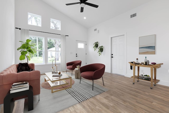 461 S Woodlawn St, Saint Augustine, FL 32084 - living area featuring high vaulted ceiling, wood finished floors, ceiling fan, and recessed lighting