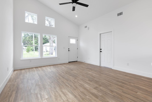 461 S Woodlawn St, Saint Augustine, FL 32084 - unfurnished living room featuring high vaulted ceiling, ceiling fan, and light wood-style floors