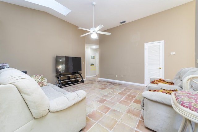 living room with ceiling fan and lofted ceiling with skylight