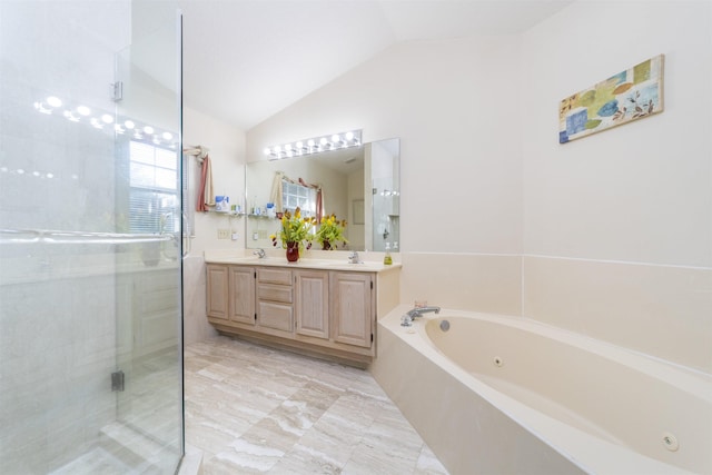 bathroom featuring vanity, lofted ceiling, and plus walk in shower