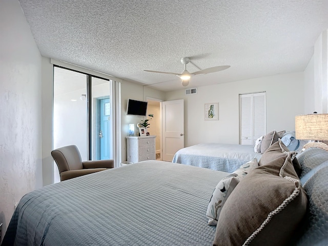 bedroom with a textured ceiling, a closet, and ceiling fan