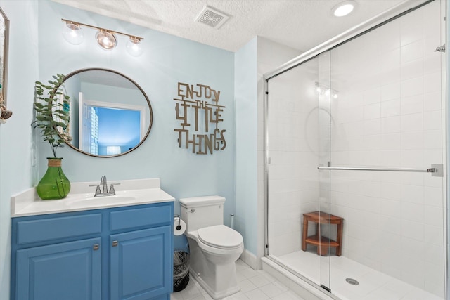 bathroom with toilet, a textured ceiling, a shower stall, and visible vents