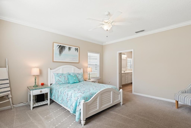 bedroom featuring light carpet, baseboards, visible vents, and crown molding