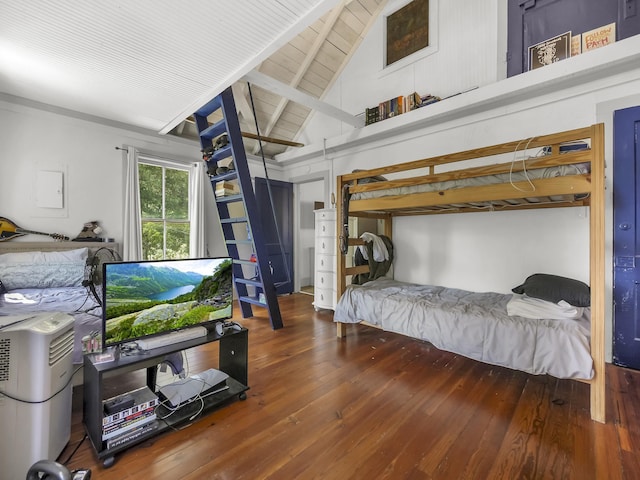 8 Davis St, Saint Augustine, FL 32084 - bedroom featuring hardwood / wood-style flooring, wooden ceiling with exposed beams, and high vaulted ceiling